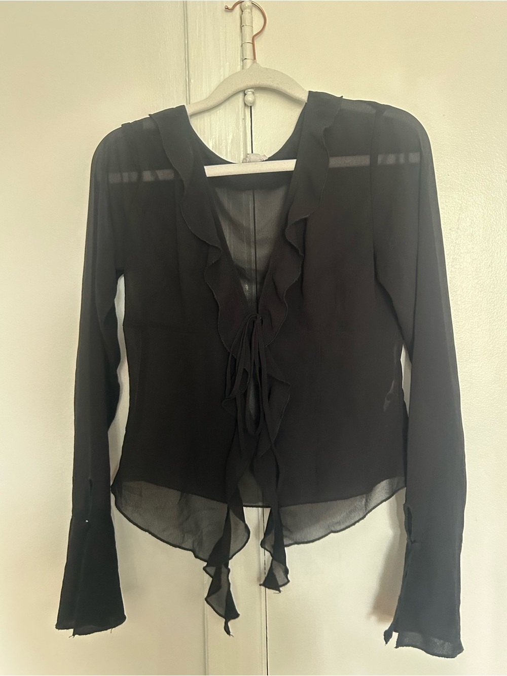 Garage Black Ruffle Sheer Tie-Front Blouse